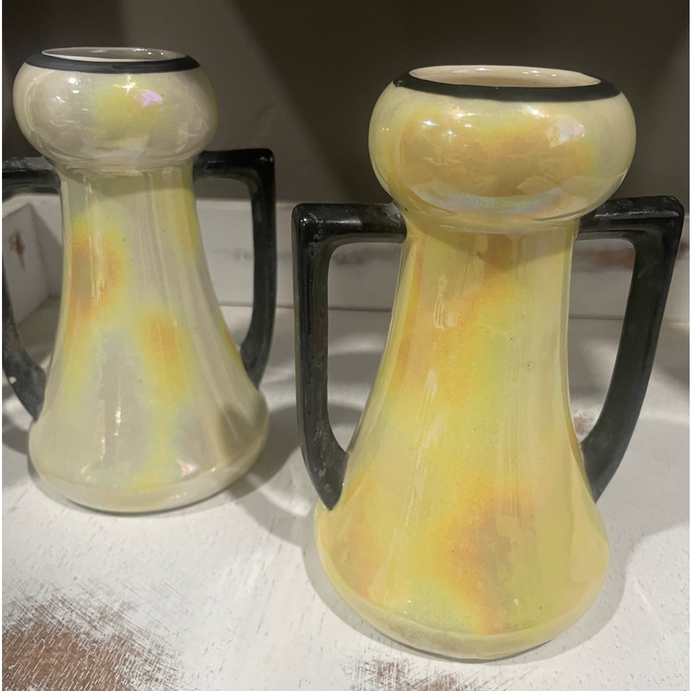 VTG 1940’s Pair of Czech Yellow Lustreware Vanity Brush Vases 5.5" w/Black / 188